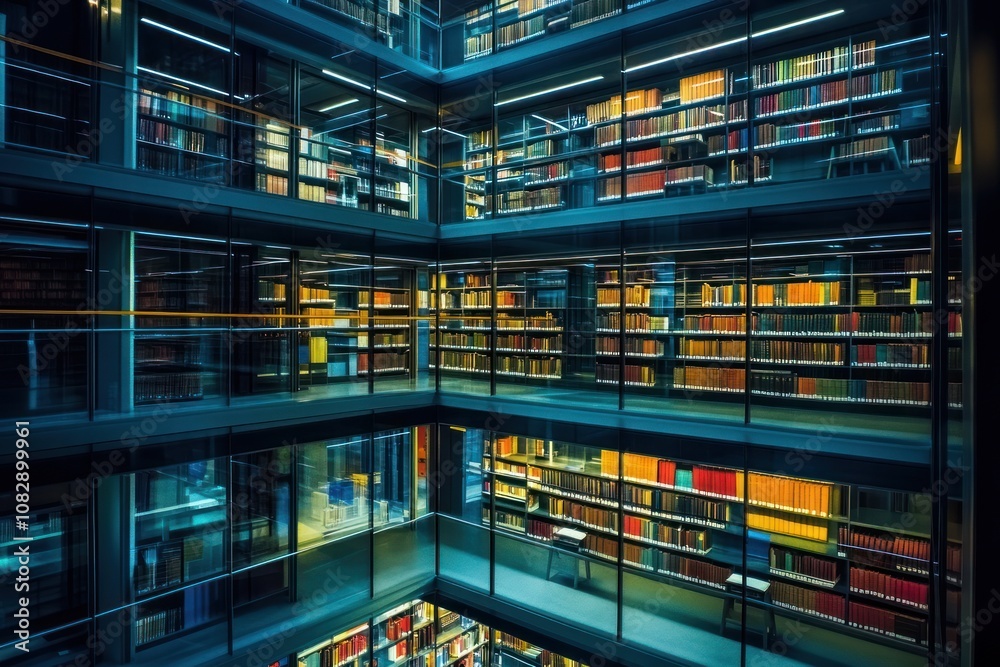 Modern library with illuminated glass walls and multiple bookshelves at night Modern library with illuminated glass walls and multiple bookshelves at night