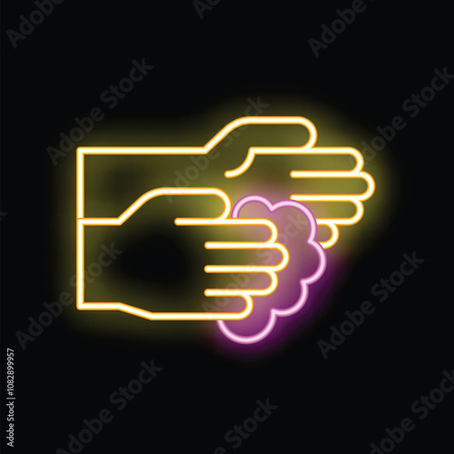 Neon glowing icon of hands washing with soap for hygiene, health, cleanliness and disinfection