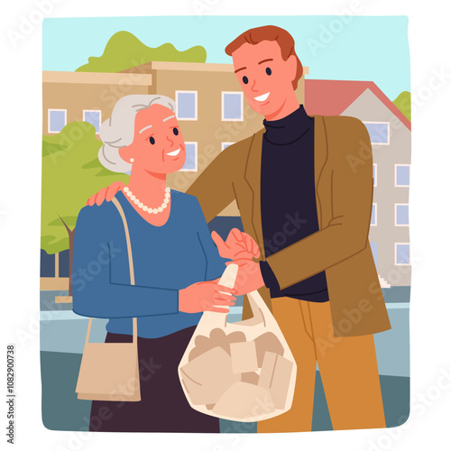 Help for older people from young people in daily routine. Generous man holding bag of grandmother to carry, scene of support to happy retired elderly lady on city street cartoon vector illustration