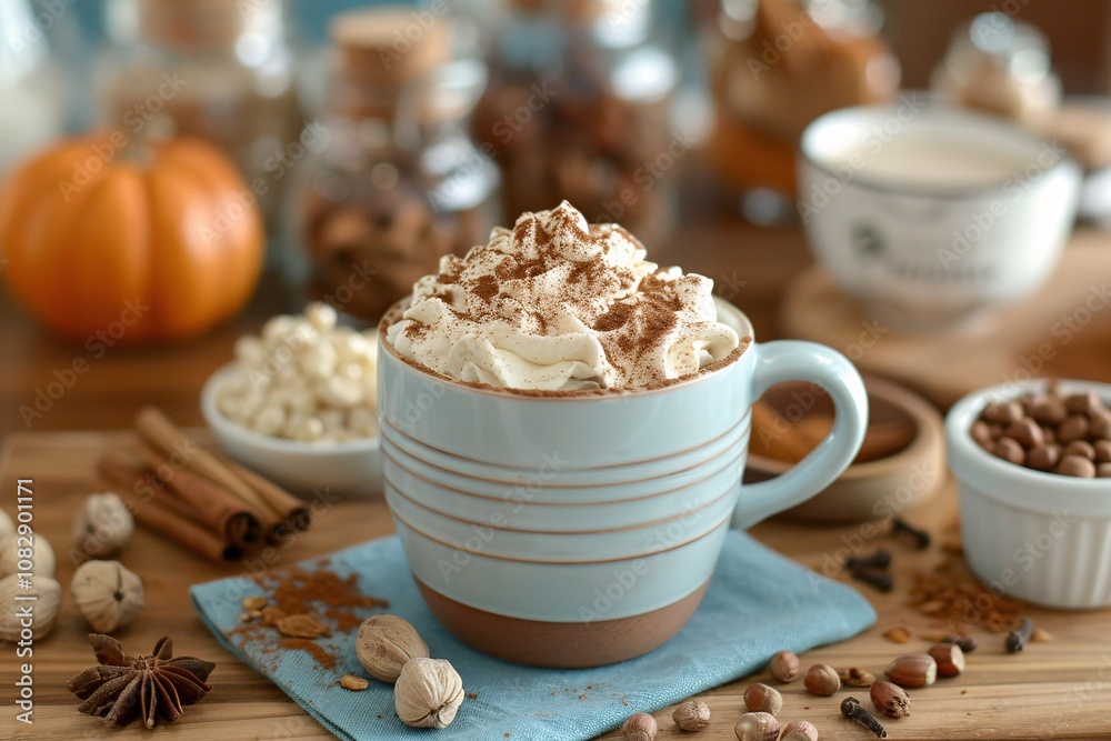 A warm pumpkin spice latte sits in a light blue mug, adorned with whipped cream and sprinkled with spices. Surrounding the mug are ingredients like cinnamon sticks, nuts, and a decorative pumpkin A warm pumpkin spice latte sits in a light blue mug, adorned with whipped cream and sprinkled with spices. Surrounding the mug are ingredients like cinnamon sticks, nuts, and a decorative pumpkin