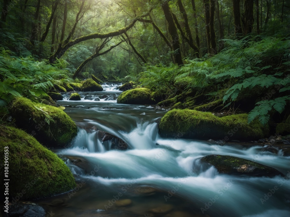 Fototapeta premium Stream Flowing Through a Lush Forest