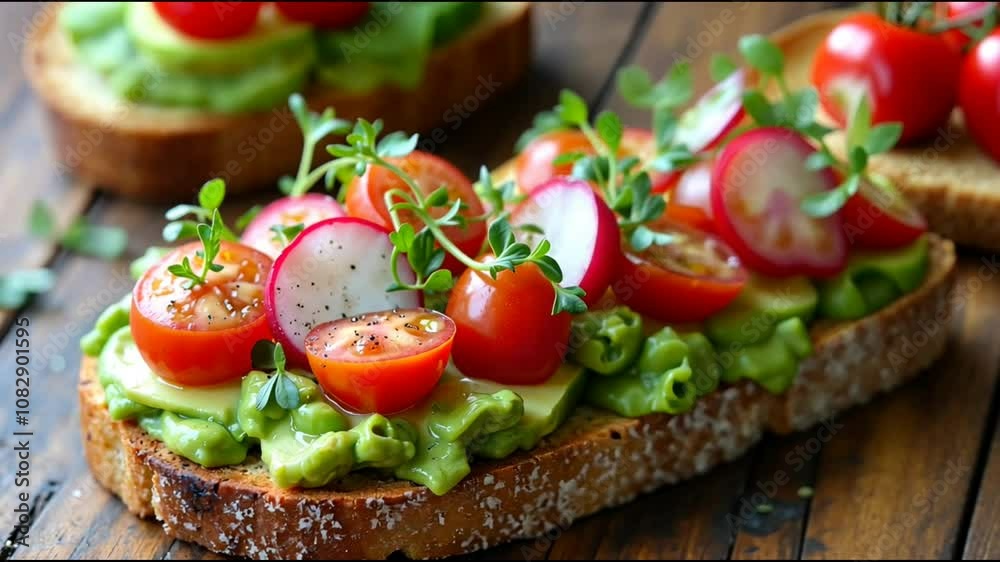 Avocado toast topped with cherry tomatoes, radishes, and microgreens on rustic bread Avocado toast topped with cherry tomatoes, radishes, and microgreens on rustic bread