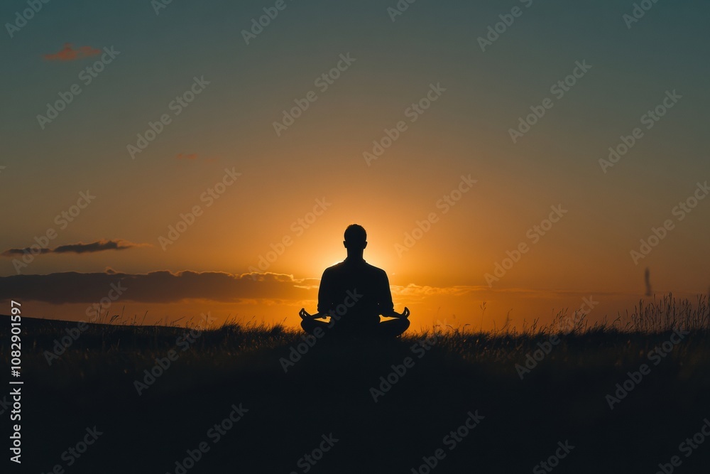 An individual sits in a meditative pose, silhouetted against a stunning sunset, embodying calmness and serenity in nature. Generative AI An individual sits in a meditative pose, silhouetted against a stunning sunset, embodying calmness and serenity in nature. Generative AI