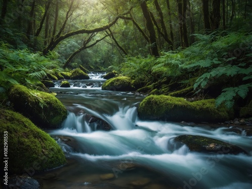 Stream Flowing Through a Lush Forest