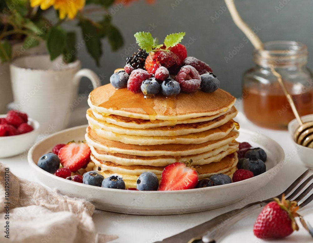 Fluffy Breakfast Pancakes Stacked High with Fresh Berries and Maple Syrup, Captured in a Bright and Airy Home Breakfast Table Setup with a Cozy Vibe Fluffy Breakfast Pancakes Stacked High with Fresh Berries and Maple Syrup, Captured in a Bright and Airy Home Breakfast Table Setup with a Cozy Vibe