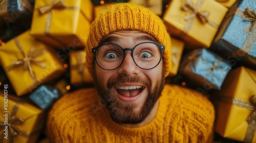 Man Surrounded by Christmas Gifts