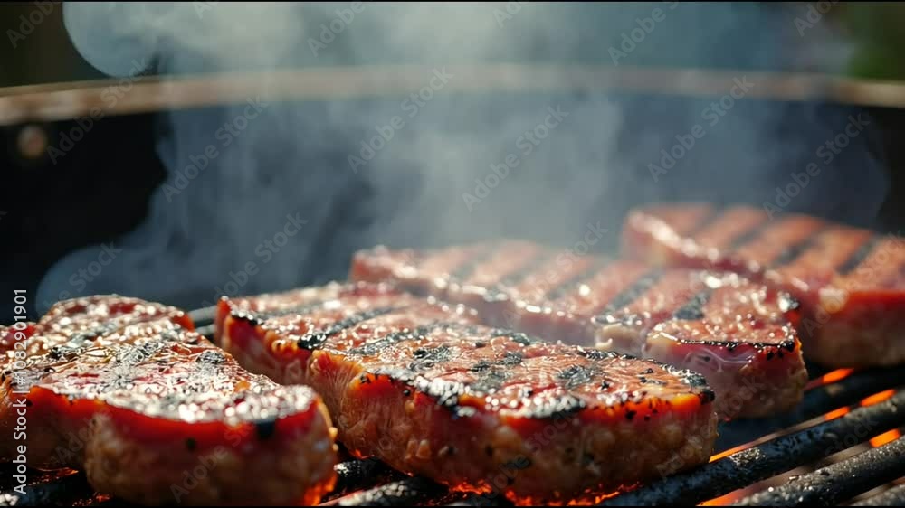 Charred steak cuts sizzling over an open flame, steam rising from the juicy meat, with grill marks deepening as thick smoke curls from the grill, filling the air with an irresistible aroma
