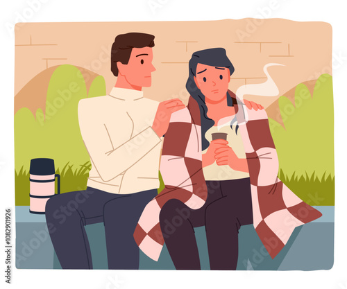 First aid and support in difficult situations. Kind young man and unhappy woman sitting on street after incident, guy giving plaid and hot coffee to girl to comfort, help cartoon vector illustration