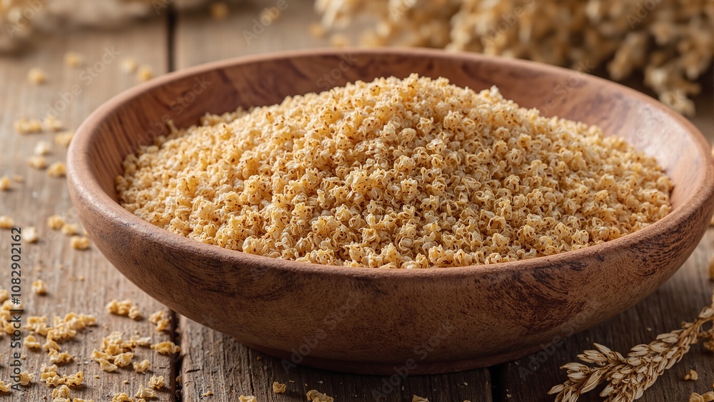 Rustic wooden bowl with golden wheat grains on table Rustic wooden bowl with golden wheat grains on table