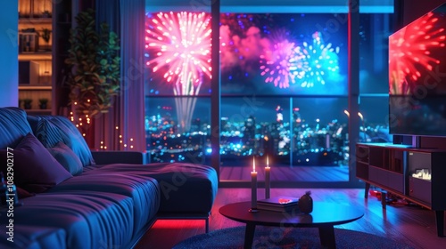 A cozy living room with a couch, coffee table, and candles, overlooking a cityscape with a spectacular fireworks display.