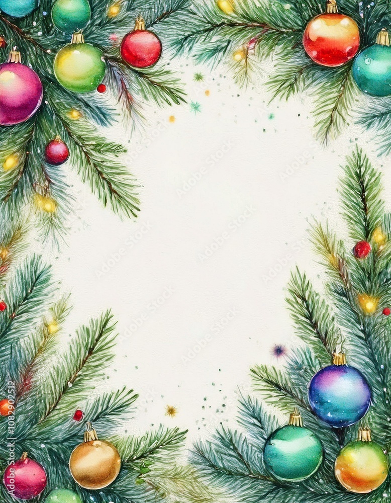 Marco navideño colorido, con ramas de arbol de navidad, bolas y luces de colores, espacio para texto Marco navideño colorido, con ramas de arbol de navidad, bolas y luces de colores, espacio para texto