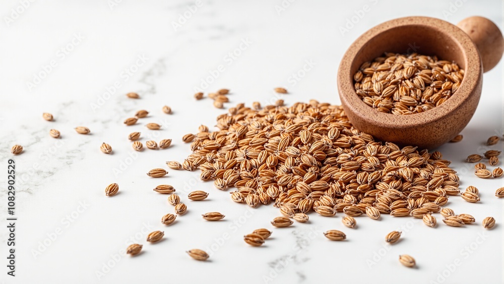 Organic flaxseeds in rustic setting on marble background Organic flaxseeds in rustic setting on marble background