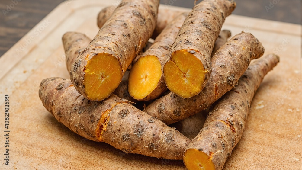 Fresh raw turmeric roots on cutting board Fresh raw turmeric roots on cutting board