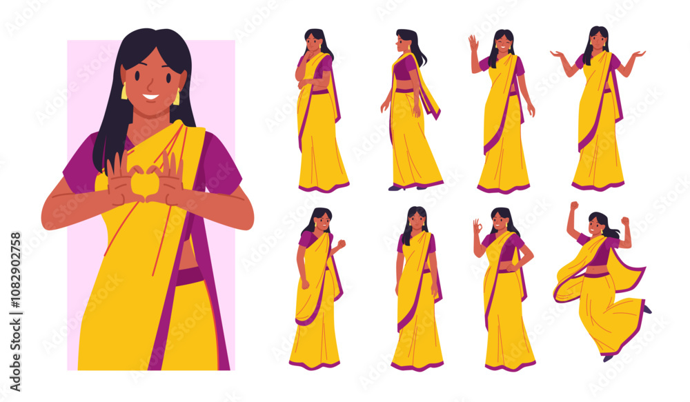 Indian young woman in yellow saree showing different poses set, love and smile. Avatar portrait of cute happy girl in traditional clothes with fingers in shape of heart cartoon vector illustration Indian young woman in yellow saree showing different poses set, love and smile. Avatar portrait of cute happy girl in traditional clothes with fingers in shape of heart cartoon vector illustration