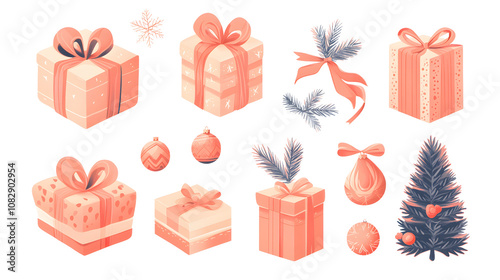 Flat vector set of Christmas and New Year gift elements, with wrapped presents, ornaments, and bows on a white background photo