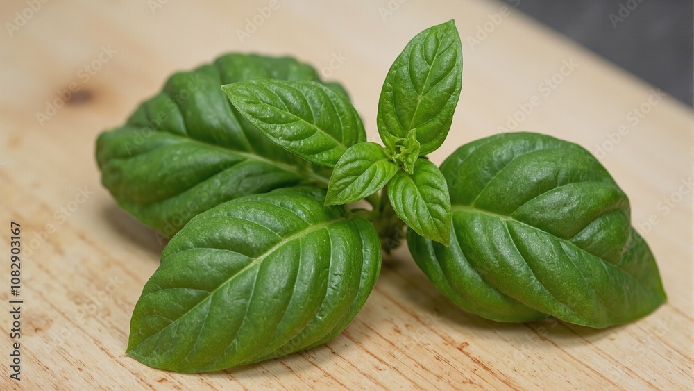 Fresh basil leaves on wooden cutting board vibrant green color and delicate veins Fresh basil leaves on wooden cutting board vibrant green color and delicate veins