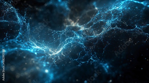 Abstract blue and white glowing particles form intricate patterns against a dark background .