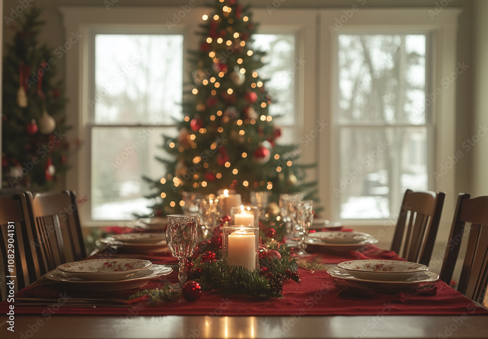 A beautifully decorated Christmas dining table with place settings, candles, and a lush centerpiece sits before a large Christmas tree A beautifully decorated Christmas dining table with place settings, candles, and a lush centerpiece sits before a large Christmas tree