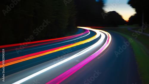 A trail of light left by a speeding car, its streaks of color creating a sense of motion and energy. 