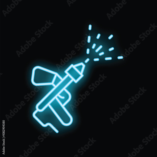 Neon spray gun painting blue light on black background