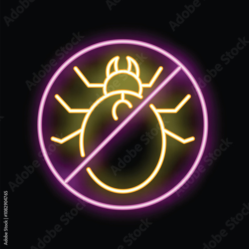 Bright neon icon of a mite insect with a diagonal line through it, signifying mite control and pest prevention