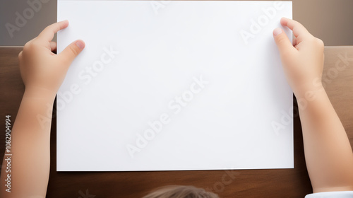 Child Hands Holding Blank White A6 Paper in Landscape Orientation, Centered with Copy Space