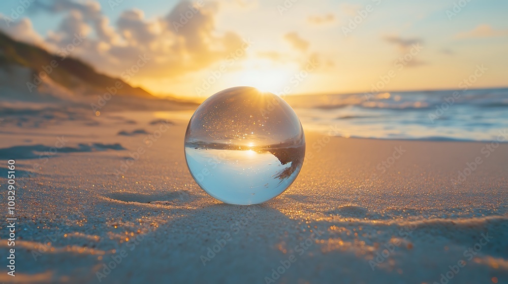 Desert glass sphere on sandy beach background image