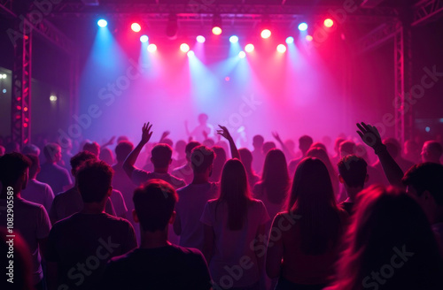 A lively audience is captivated by musicians performing under bright, colorful lights in an indoor venue photo