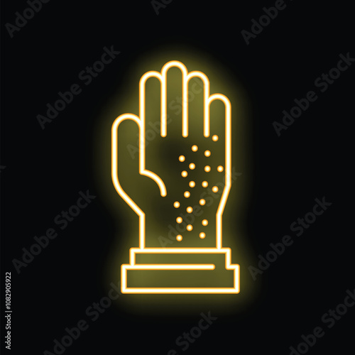 Glowing neon line icon of a hand with psoriasis showing symptoms on the skin, for medical and healthcare concepts