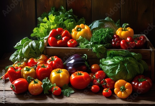 vibrant display colorful fresh produce beautifully arranged rustic wooden backdrop enhancing natural appeal, abundance, appealing, arrangement, artistry