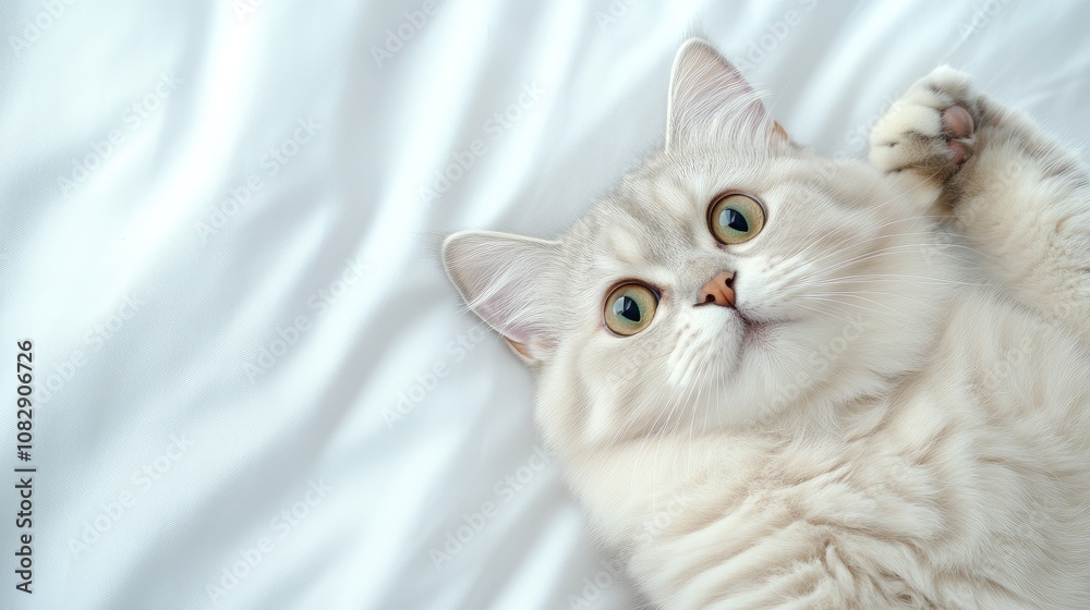 A serene silver Persian cat with bright green eyes lounging on a fluffy bed, casting a captivating gaze in early morning light A serene silver Persian cat with bright green eyes lounging on a fluffy bed, casting a captivating gaze in early morning light