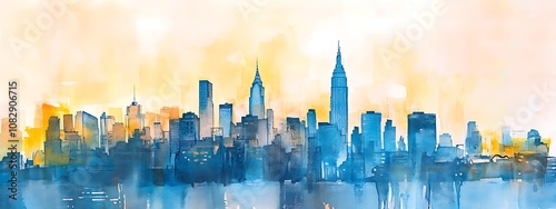 skyline of big city with skyscrapers like new york, watercolor painting, soft pastel colors, panorama of megapolis, sunset travel wallpaper, urban landscape banner, midtown background