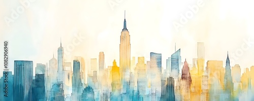 skyline of big city with skyscrapers like new york, watercolor painting, soft pastel colors, panorama of megapolis, sunset travel wallpaper, urban landscape banner, midtown background