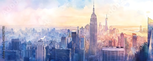 skyline of big city with skyscrapers like new york, watercolor painting, soft pastel colors, panorama of megapolis, sunset travel wallpaper, urban landscape banner, midtown background