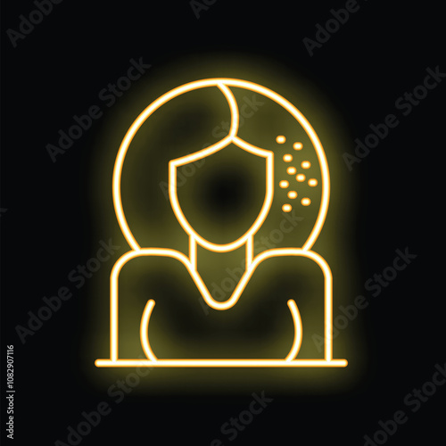 Neon yellow dandruff icon, showing a woman with scalp problems, isolated on a black background