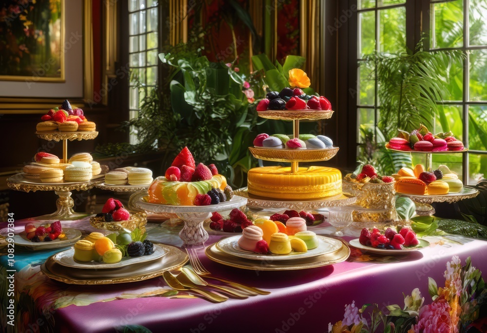 dazzling array colorful desserts artistically arranged vibrant table showcasing various sweet delights textures, cake, cupcake, cheesecake, pastry