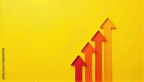 Four colored arrows pointing upwards, symbolizing growth and progress, on a yellow background. Concepts of success, performance and positive trends in business and finance contexts.