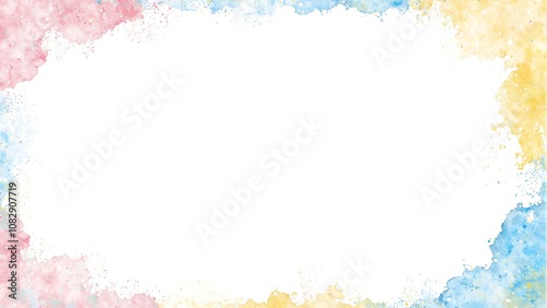 Pastel watercolor border in pink blue and yellow hues on empty space