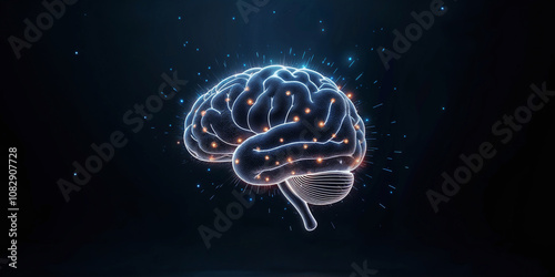 Holographic Illustration of Futuristic Digital Brain with Neural Connections and Glowing Lights.