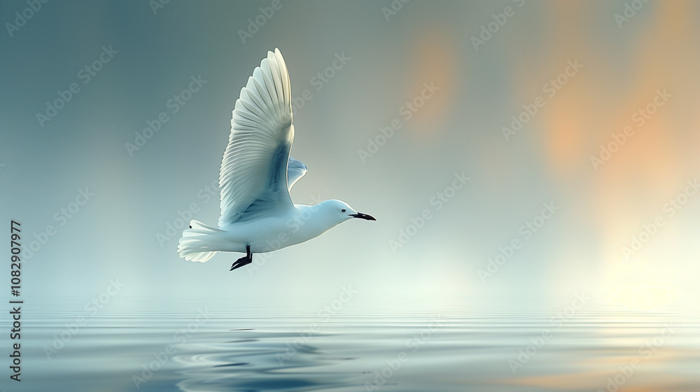 Obraz premium A seagull in flight, rising from the calm water, with a soft blue bokeh background and empty skies.