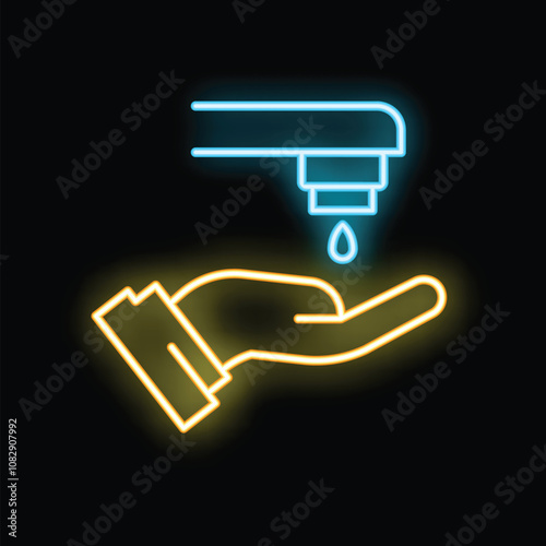 Neon glowing icon of a hand catching a drop of water from a tap, representing water conservation