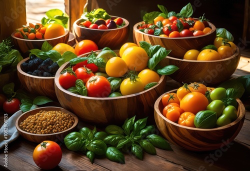 colorful appealing display fresh ingredients bowls capturing vibrancy inviting arrangement, freshness, texture, vegetable, fruit, herb, garnish, variety