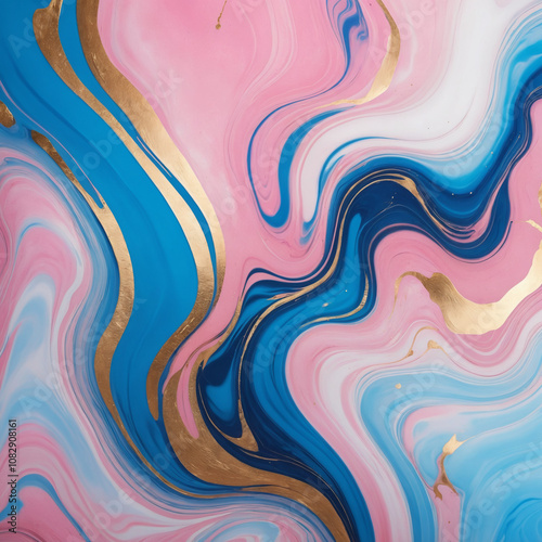 Abstract pink and blue marble liquid texture with gold splashes, luxury background 