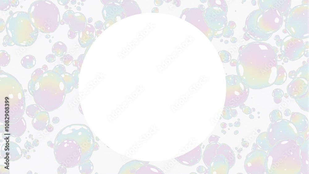 Whimsical white circle with soap bubbles and rainbows Whimsical white circle with soap bubbles and rainbows