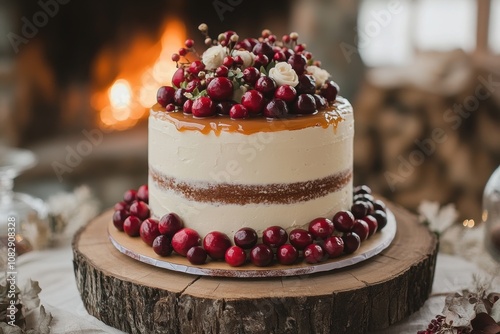 fall wedding cake, rustic wedding cake for autumn, topped with cranberries and caramel, placed on a wooden slice by a fireplace photo