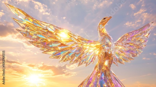 Glowing Glass Phoenix Sculpture at Sunset - Symbol of Rebirth and Transformation | Ultra-Detailed 3D Render Artwork