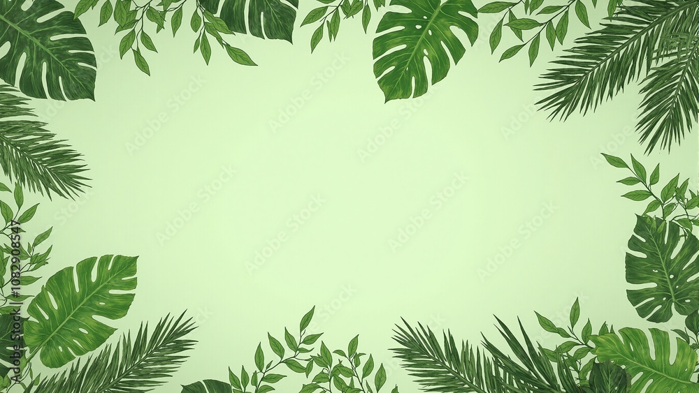 Lush green tropical leaves on soft background creating a serene jungle atmosphere