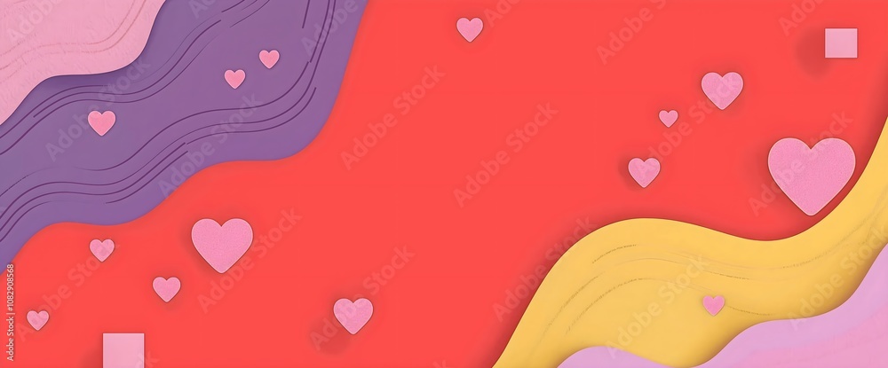 Wavy pattern with floating hearts in purple, red and yellow colors. horizontal banner for Valentine's Day marketing, wedding design, romantic event, fashion brand, love themed social media, copy space Wavy pattern with floating hearts in purple, red and yellow colors. horizontal banner for Valentine's Day marketing, wedding design, romantic event, fashion brand, love themed social media, copy space