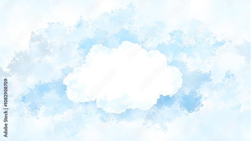 Dreamy cloud shape surrounded by fluffy cotton and light blue swirls on watercolor background Dreamy cloud shape surrounded by fluffy cotton and light blue swirls on watercolor background