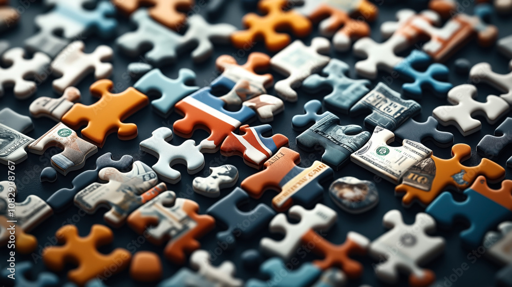 Fototapeta premium Scattered jigsaw puzzle pieces featuring various flags and currency symbols, representing global economic themes on a dark surface.